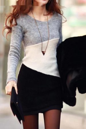 Contrast Color Slim Fit Round-collar Dress
